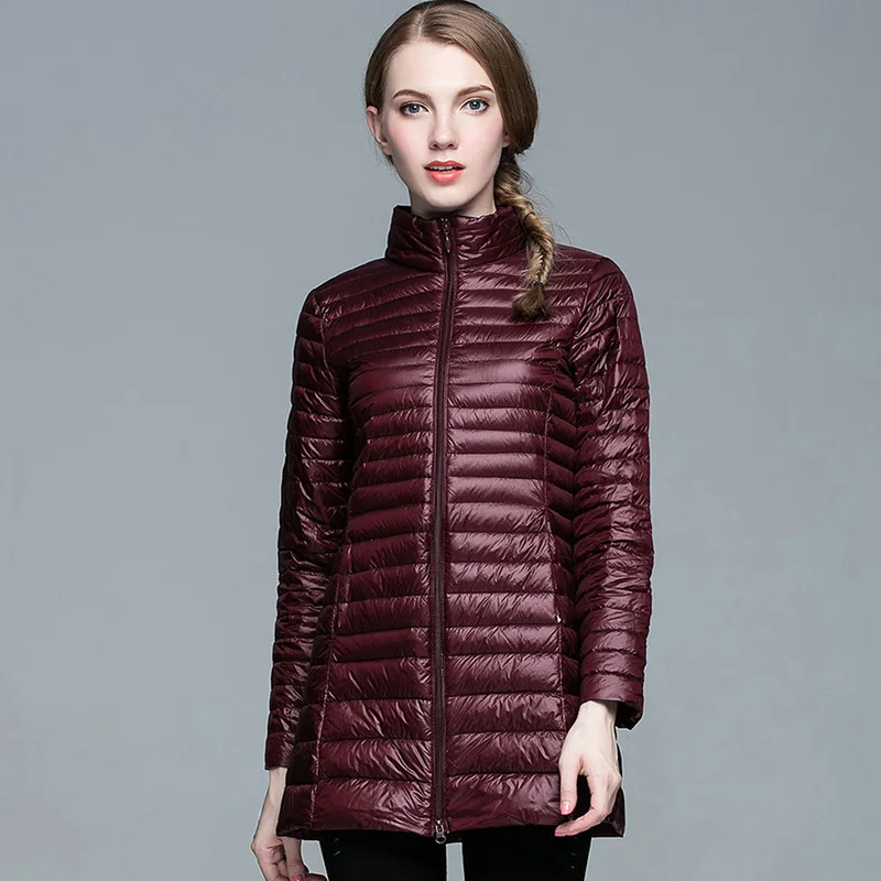 Wine Red BOoDinerinle/, длинное зимнее теплое пальто для женщин, ультра легкий 90% белый пуховик на утином пуху, Женская парка, женские куртки YR034 - Цвет: Wine Red