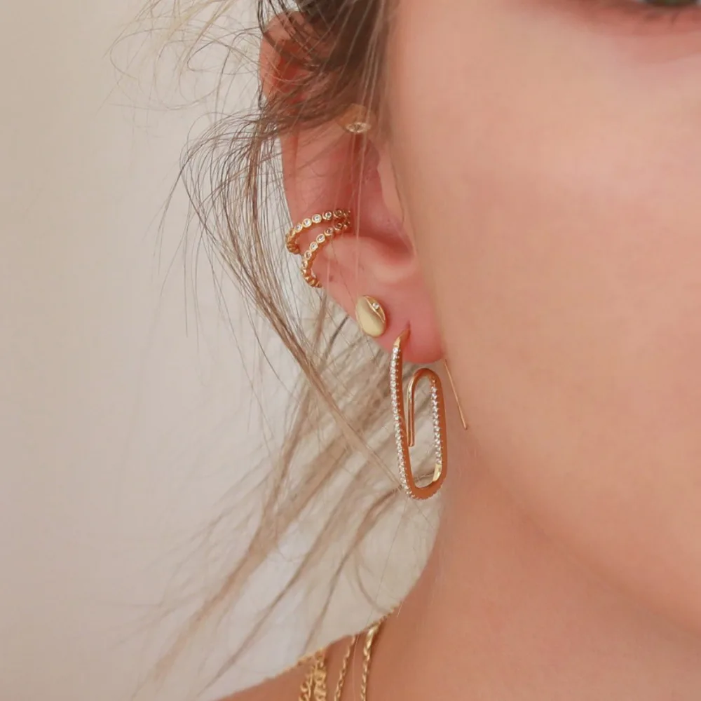 

High quality gold color micro pave cz bar wrap earring unique design safety pin circle multi wrap hoop fashion earring design