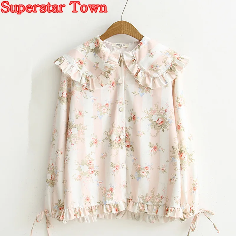 

Casual Women Blouse Vintage Mori Girl Floral Flower Print Shirt Peter Pan Collar Female Lolita Blouse Harajuku Chiffon Shirt