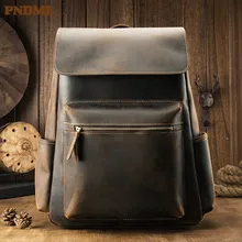 PNDME simple vintage genuine leather men's backpack ladies large rucksack casual crazy horse cowhide daily laptop bookbag