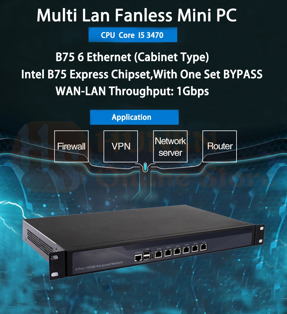 Брандмауэр Mikrotik Pfsense сети VPN Security Appliance маршрутизатор ПК Intel Core I5 3470, [HUNSN RS09], (6Lan/2USB/1COM/1VGA)