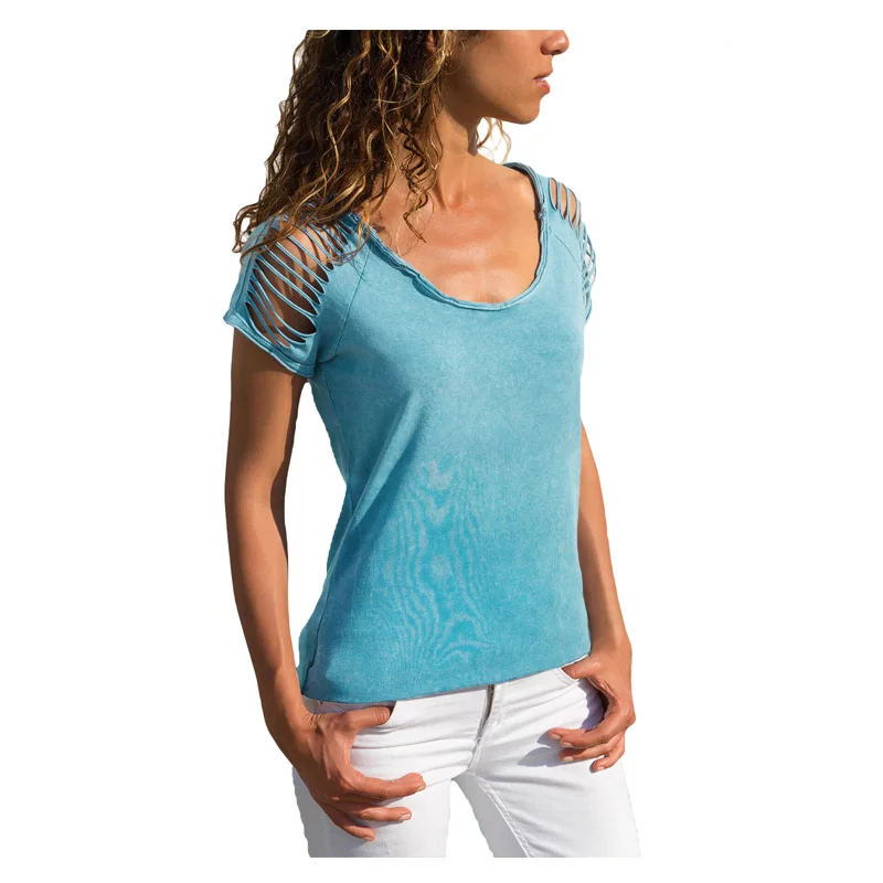 

2018 Women Blue Ripped Hollow Out Shoulder Tie Dye T-Shirt Top Three Colors