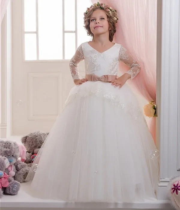 

White New Girls Communion Dress Appliques Lace Up Long Flower Girls Dresses Bow Satin Ball Gowns