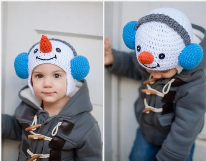 Crochet Snowman Hat with Ear Muffs hats for children baby boy newborn hat photographyin Hats