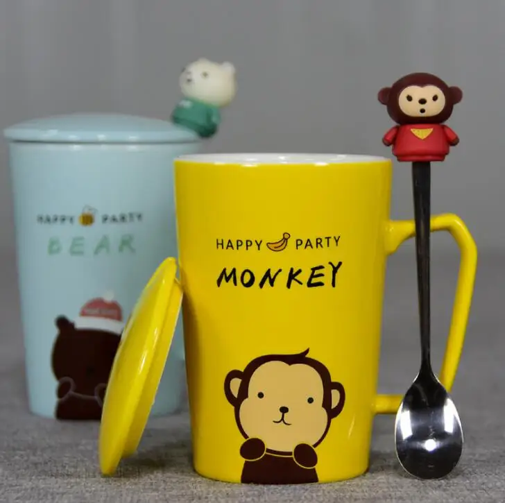 

TECHOME Creative Lovely Ceramic Mug Cat Rabbit Bear Monkey Porcelain Cup Mug with Lid Spoon Cartoon Animals Milk Coffee Cup