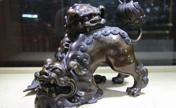 

USPS to USA S0866 Chinese Palace Feng Shui Copper Bronze Two Fu Foo Dog Lion unicorn fight Statue