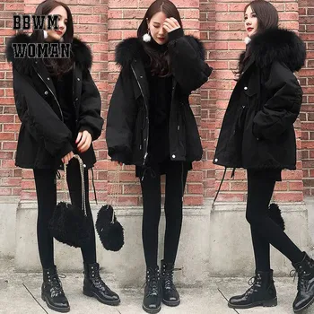 

Down Cotton Women 2018 Winter New Korean Women Coat Thick Hooded Black Fur Collar Jacket ZO1762
