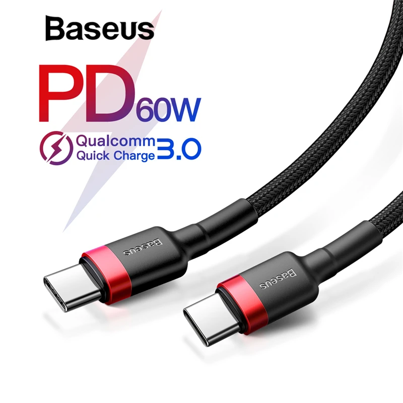 Baseus USB Type C to USB C Cable for Samsung Galaxy S9 Plus Note 9 Support PD 60W QC3.0 3A Quick Charge Cable for Type-C Devices