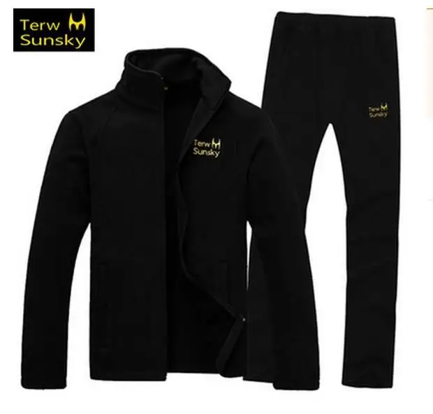 Для улицы весна осень мужские походные куртки и брюки наборы ветрозащитный тепловой толщина флисовая куртка кемпинг альпинистские костюмы мужские - Цвет: Черный