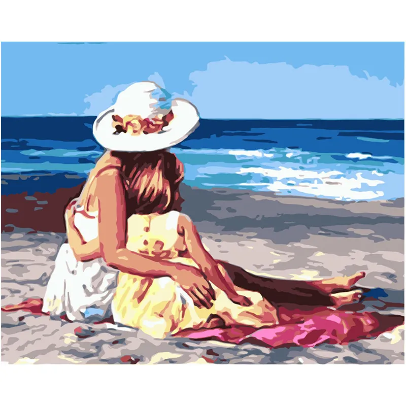 

Painting By Numbers DIY Dropshipping 40x50 50x65cm Warm beach mother and child Figure Canvas Wedding Decoration Art picture Gift