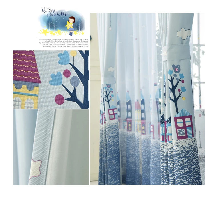 Cartoon Tree Castle Printed Window Curtains for Children Kids Bedroom Living Room Sheer Window Drapes Blue Color