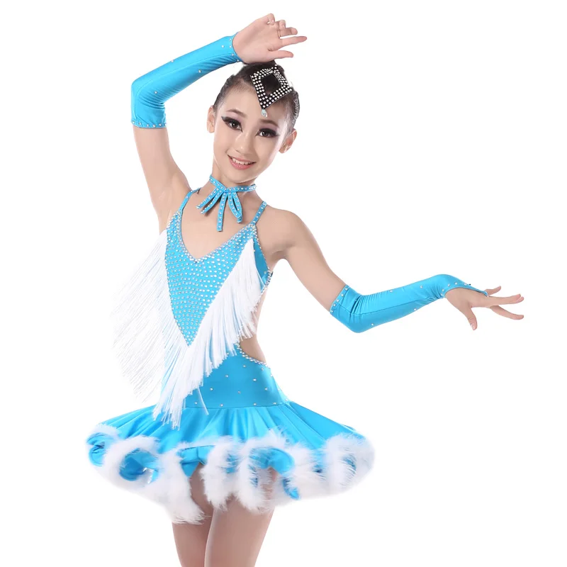 Latin Fringe Dance Costumes Girls 2017 New Children Feather Stage Dress
