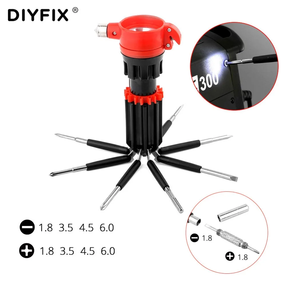 DIYFIX Portable 8 in 1 Screwdriver Set with 6 Both End LED Powerful Torch emergency Life hammer Multifunctional outdoor tool set |
