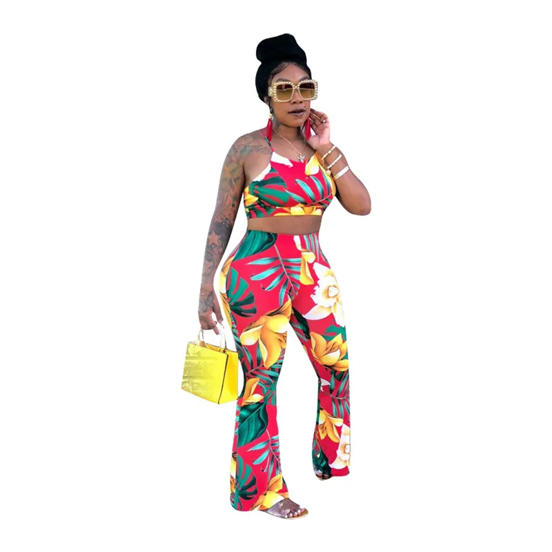 

Two Piece Set Top and Pants Women 2018 Summer Floral Print Crop Top and Wide Leg Pant Set Sexy Party Beach Two Piece Outfits
