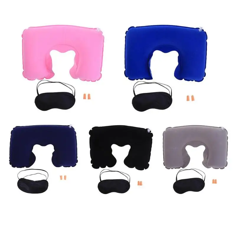 

3pcs Eyes Cover Eye Mask Earplugs with Flocking Soft U Shaped Travel Pillow Car Air Flight Inflatable Pillows Neck Support