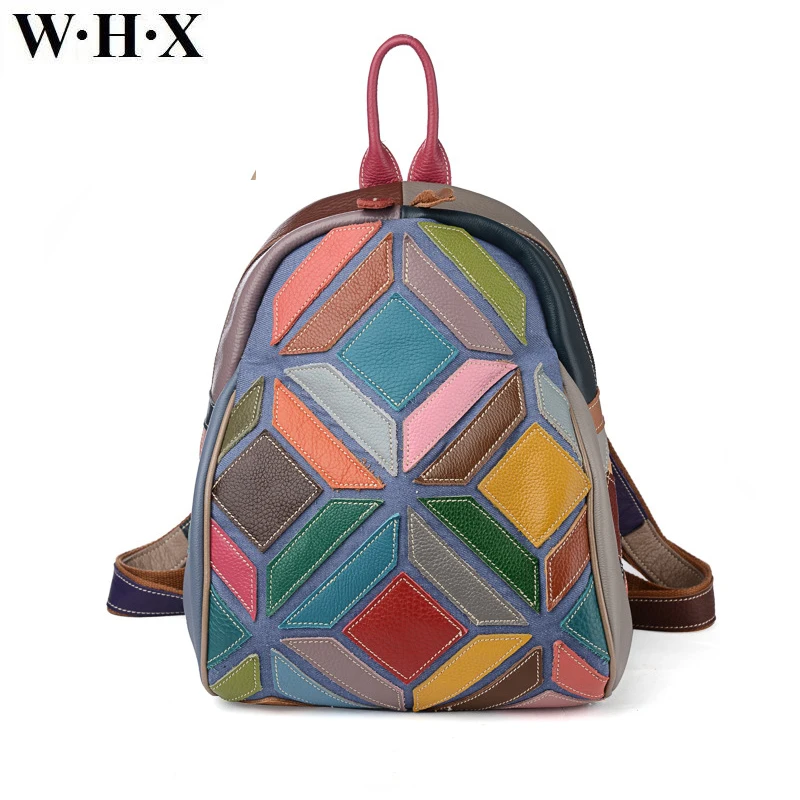 

WHX Retro Multicolour Backpacks 2017 Fashion Genuine Leather Top-handle Bags High Quality Women Shoulder Bag Female Zipper Bag