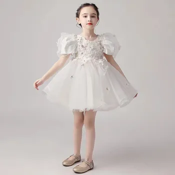 

Newborn Baby Kids Christening Gown White Flowers Prom Dress Girl Birthday Party Infant Clothing Tutu Tulle Toddler Girls Clothes