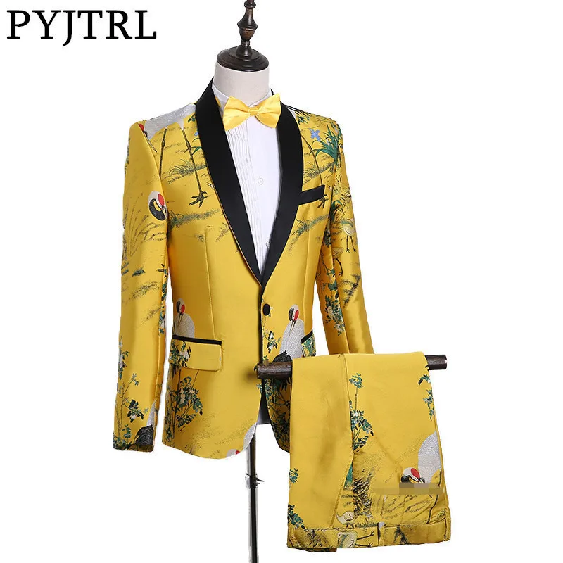 PYJTRL Мужская мода китайский стиль Бог Желтый платье с вышивкой костюм для певцов в ночном клубе Пром японский журавль смокинг одежда 2018