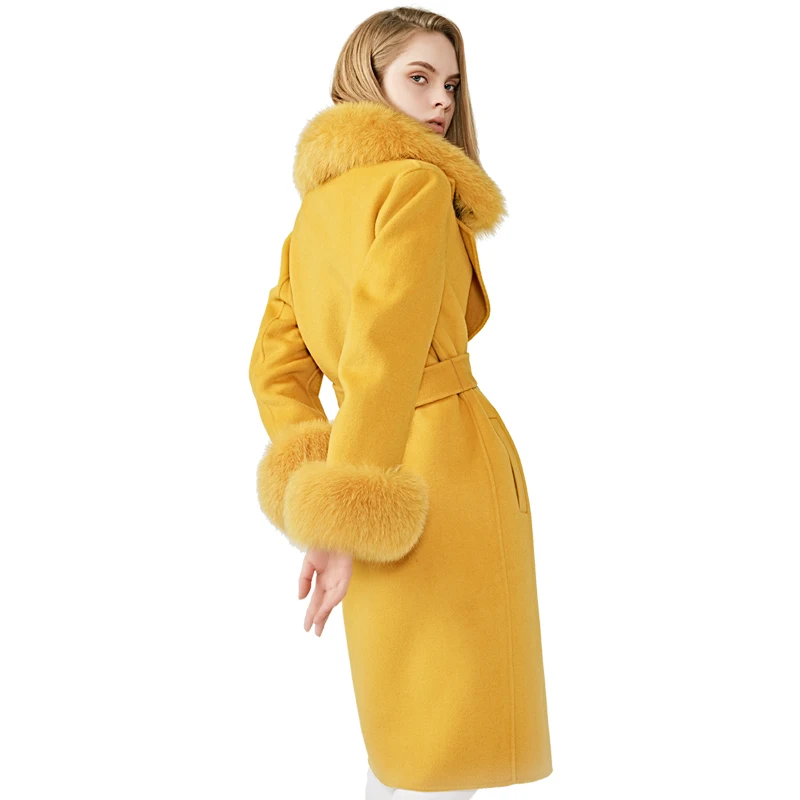 

Women's Wool Coat Spring Real Fox Fur Collar Woolen Jacket Adjustable Waist Slim Ladies Long Overcoat