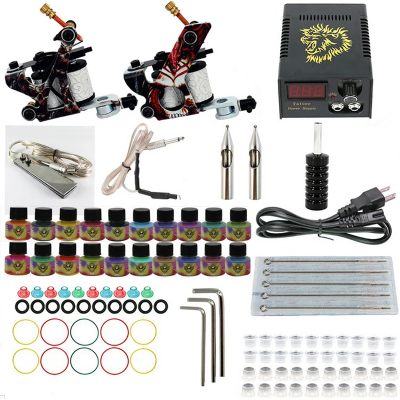 

Professional 1Set Equipment Dual machine 20color Tattoo Machine set 2 Gun Power Supply Cord Kit Body tattoo beginner