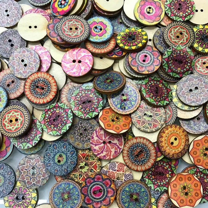 

100Pcs 15mm/20mm/25mm New Mixed Wood Buttons Vintage Colorful Flowers Scrapbooking Sewing Craft Handmade Clothes Decor Buttons
