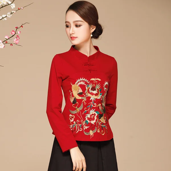 Women's spring and summer new long-sleeved t-shirt embroidered plate buckle clothes01