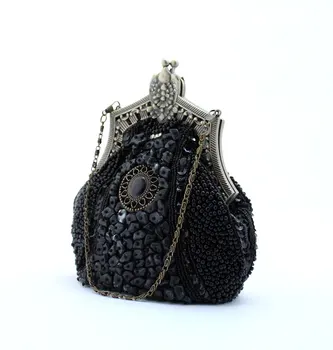 

Fashion Black Ladies' Beading Beaded Banquet Handbag Clutch Party Bride Evening Bag with Shoulder Chain Makeup Bag 03321-G