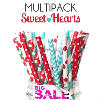 

125pcs Mixed Colors SWEET HEARTS Valentines Day Paper Straws,Aqua Stripe,Chevron,Red&Aqua with White Heart,Red Heart, Swiss Dot