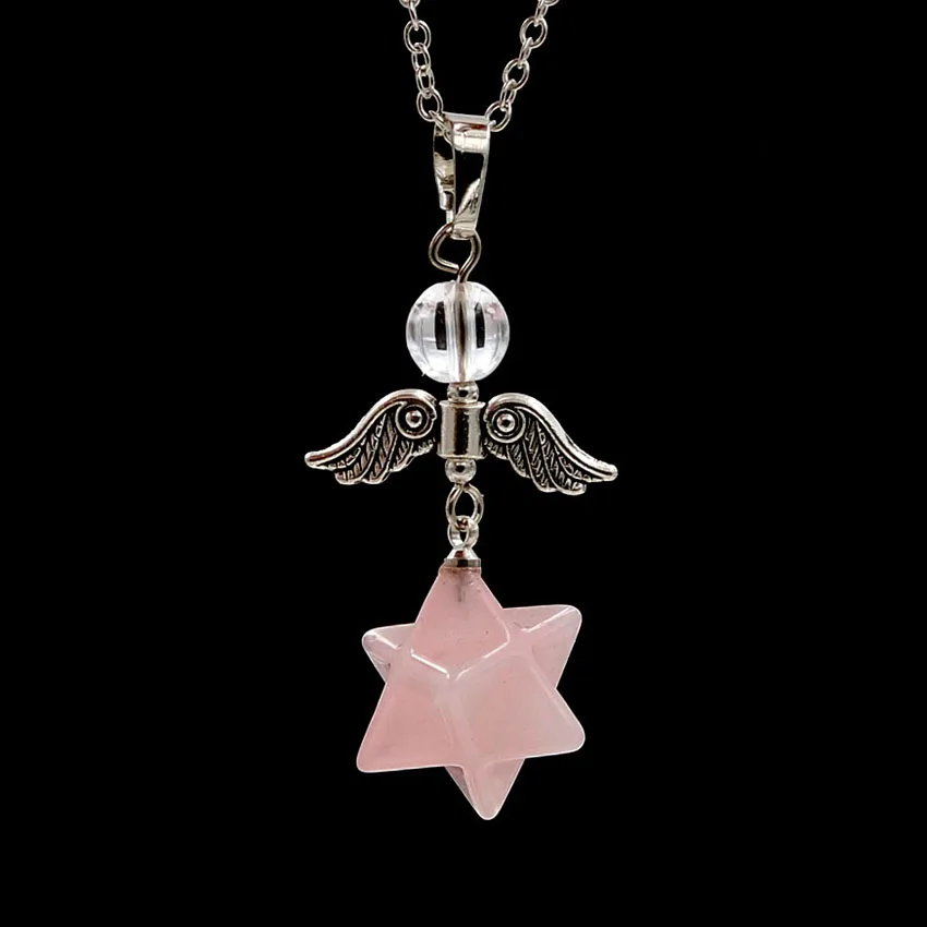 

YJXP Silver Plated Natural Rose Pink Quartz Pendant Angel Wing Necklace with Round Bead Jewelry