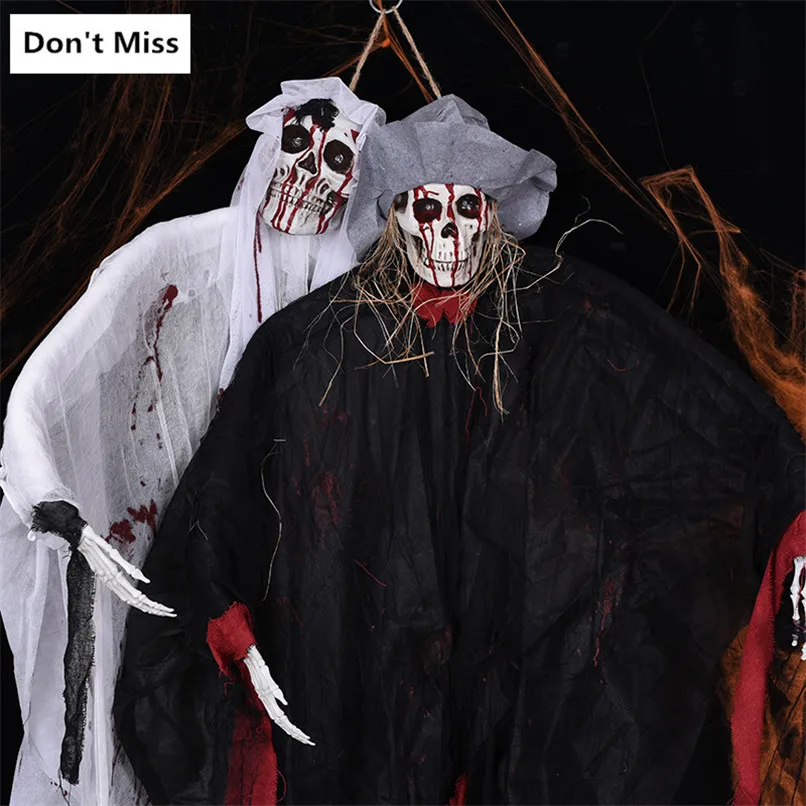 

Halloween Horror Decoration Vioce Control Skull Head Luminous Props Spooky Large Hanging Ghost Black White Ghost Costume Party