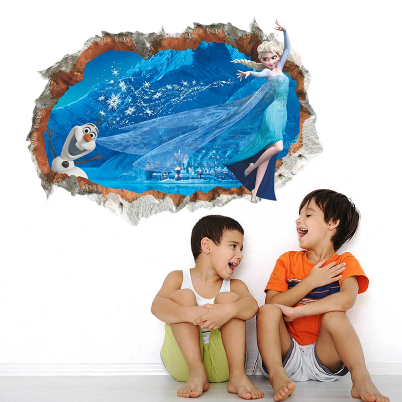 Cartoon Olaf & Elsa Princess Broken Hole 3D Wall Stickers For Home Decoration Frozen Anime Movie Mural Art Kids Room Wall Decals