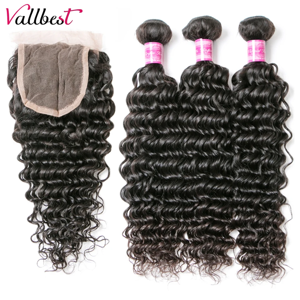 

Vallbest Deep Wave Bundles With Closure Brazilian Hair Weave 3 Bundles With Lace Closure Remy Human Hair Bundles With Closure
