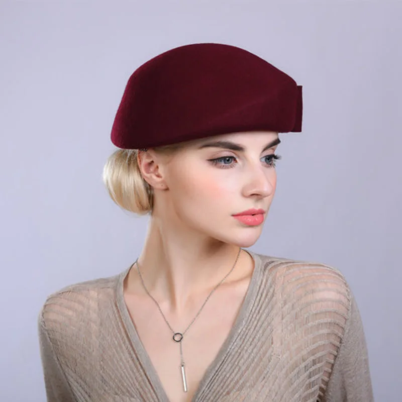 Vintage Plain Women Bowler Wool Beret Stewardess Hat Cap Red Camel