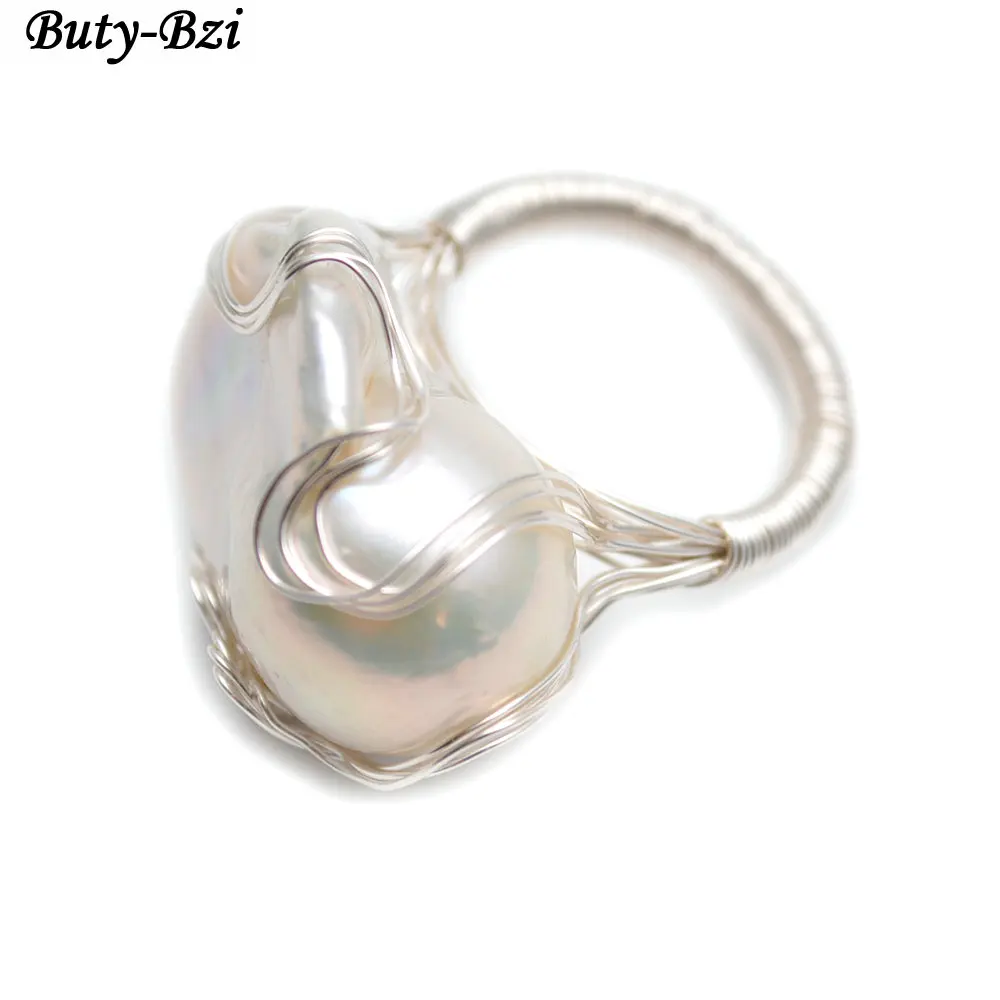 1pc High Quality Handmade Natural Fresh Water White Pearl Big Baroque Beads Wire Wrapped Rings Fashion Woman Party Jewelry