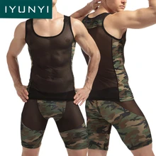 IYunyi 1 компл. сетки пикантные Для мужчин Безрукавки для женщин прозрачный жилет Singlet Майки гей экзотические sheer камуфляж Нижнее Бельё для девочек комплект нижнего белья
