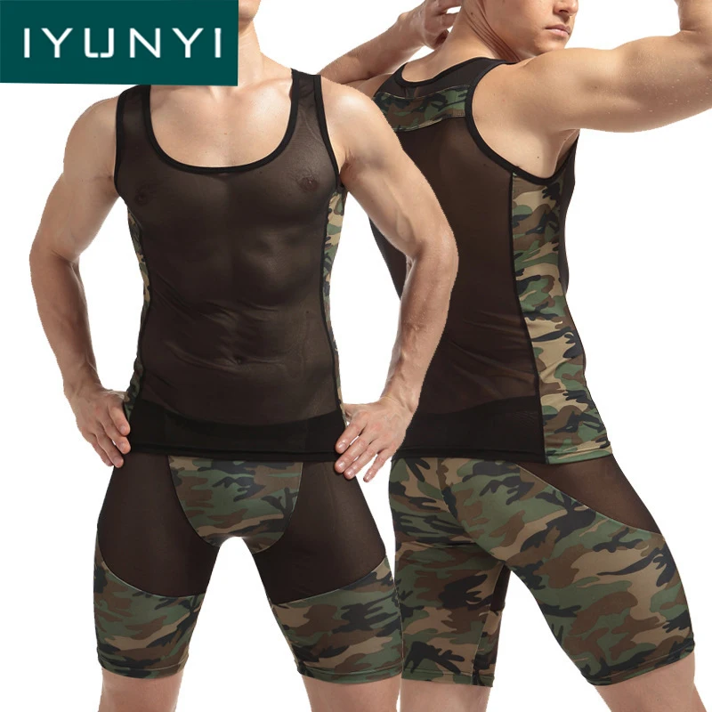 

IYUNYI 1 Set Mesh Sexy Men Tank Tops Transparent Vest Singlet Undershirts Gay Exotic Sheer Camouflage Underwear Lingerie Set