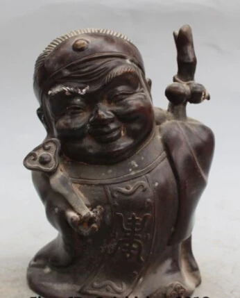 

RHS0113 8" Marked Chinese Bronze Female God of longevity Peach Dragon crutch Shou Statue