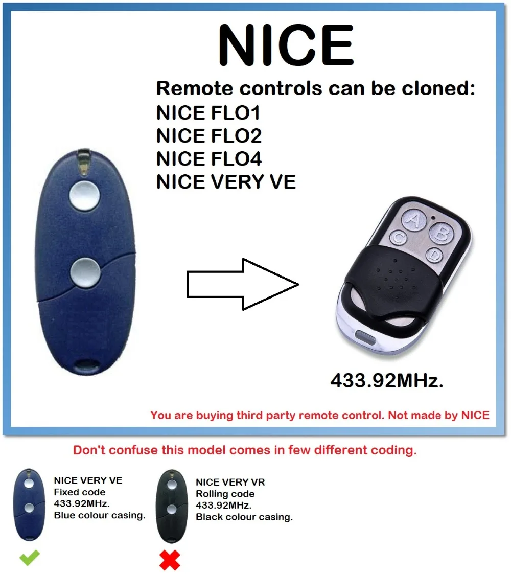 

NICE VERY VE Universal Remote Control Duplicator 4-Channel 433.92MHz .(only for 433.92mhz fixed code)