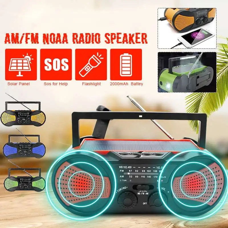 

Solar Power Power Bank Hand Crank Self WB Crank Emergency Powered AM/FM Weather Portable Radio 2000mAh Rechargeable
