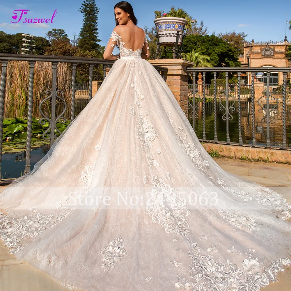 Fsuzwel элегантное Глубокий круглый вырез, открытая спина А-силуэта свадебное платье Роскошные Аппликации Цветы Кружева платье для невесты принцессы Vestido de Noiva