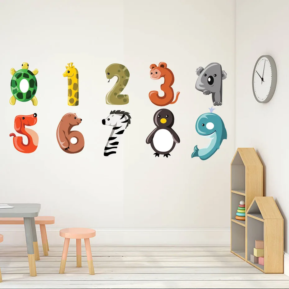 Cartoon Animal Numbers Fabric Color Wall Stickers For Kids Rooms Nursery Wall Art Decor Waterproof Wallpaper Home Decoration