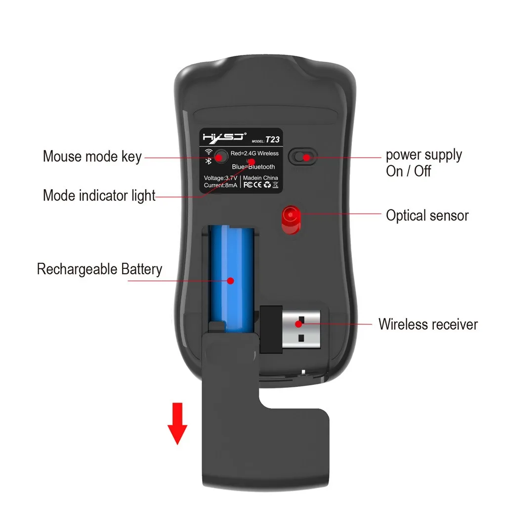 Мышь перезаряжаемая T23 1600 dpi оптическая беспроводная BT4.0 игровая мышь Механическая мышь для портативных ПК