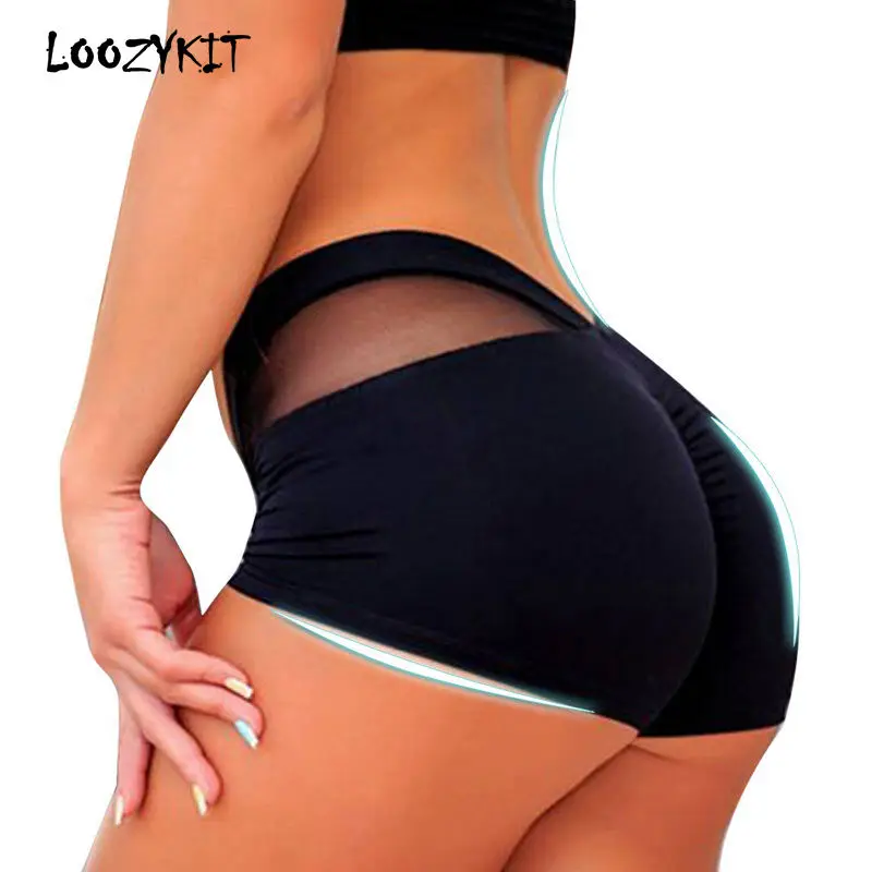 

LOOZYKIT 2019 Women High Waist Yoga Legging Shorts Tummy Mesh Patchwork Workout Running Compression Leggings Casual Bottom