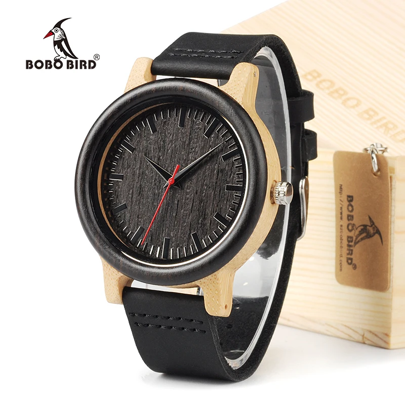 BOBO BIRD M13 Ebony Wooden Analog Wristwatch Black Leather Quartz Men Watches Casual Gift for Men