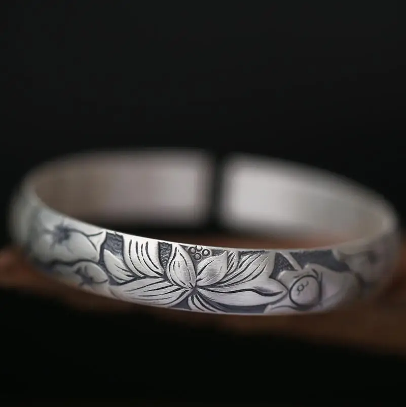 

Pure Silver Original S999 Handmade Silver Open Engraving Lotus Bangle (SYF)