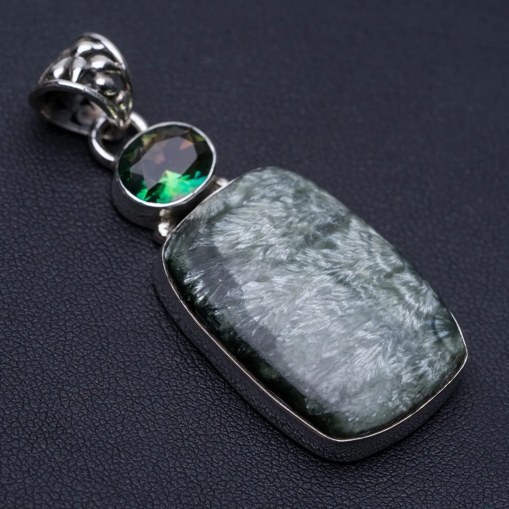 

Natural Russian Seraphinite and Mystical Topaz Punk Style 925 Sterling Silver Pendant 2" P0106