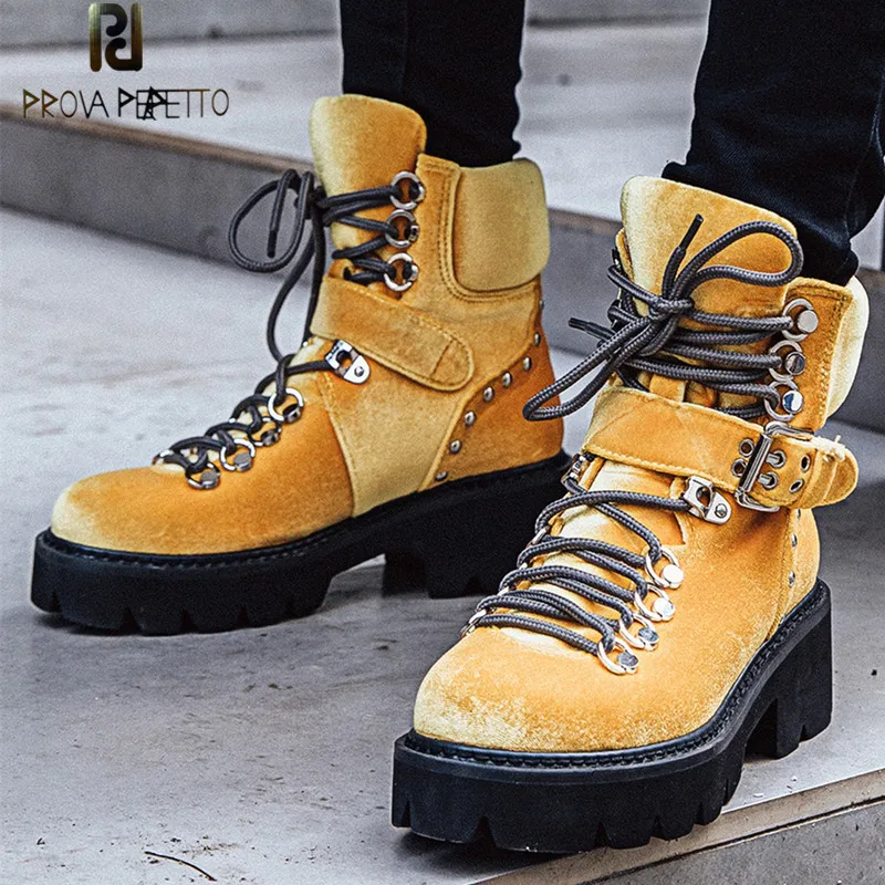 

Prova Perfetto New Gold Velvet Women Boots Western Style Fashion Rivet Lace-up High Heel Ankle Boots Flat Platform Ladies Boots