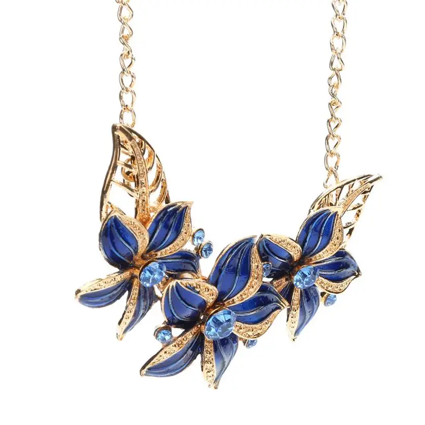 Women Crystal Enamel Flower Pendant Necklace Earrings Jewelry Set