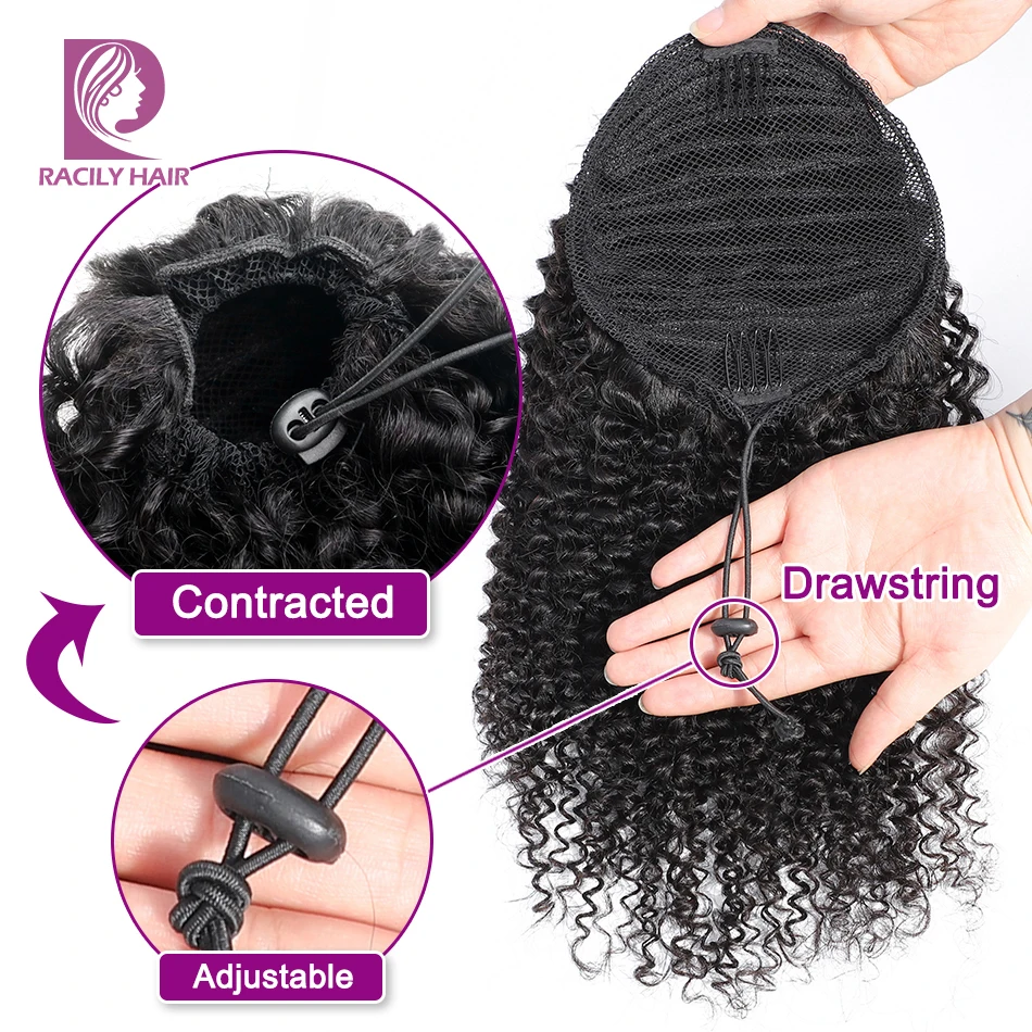 Racily Hair Afro Kinky Curly Ponytail Human Hair Remy Brazilian Drawstring Ponytail 1 Piece Clip In Hair Extensions 1B Pony Tail 4 Racily Hair Afro Kinky Curly Ponytail Human Hair Remy Brazilian Drawstring Ponytail 1 Piece Clip In Hair Extensions 1B Pony Tail 4