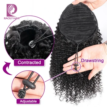 Racily Hair Afro Kinky Curly Ponytail Human Hair Remy Brazilian Drawstring Ponytail 1 Piece Clip In Hair Extensions 1B Pony Tail 4